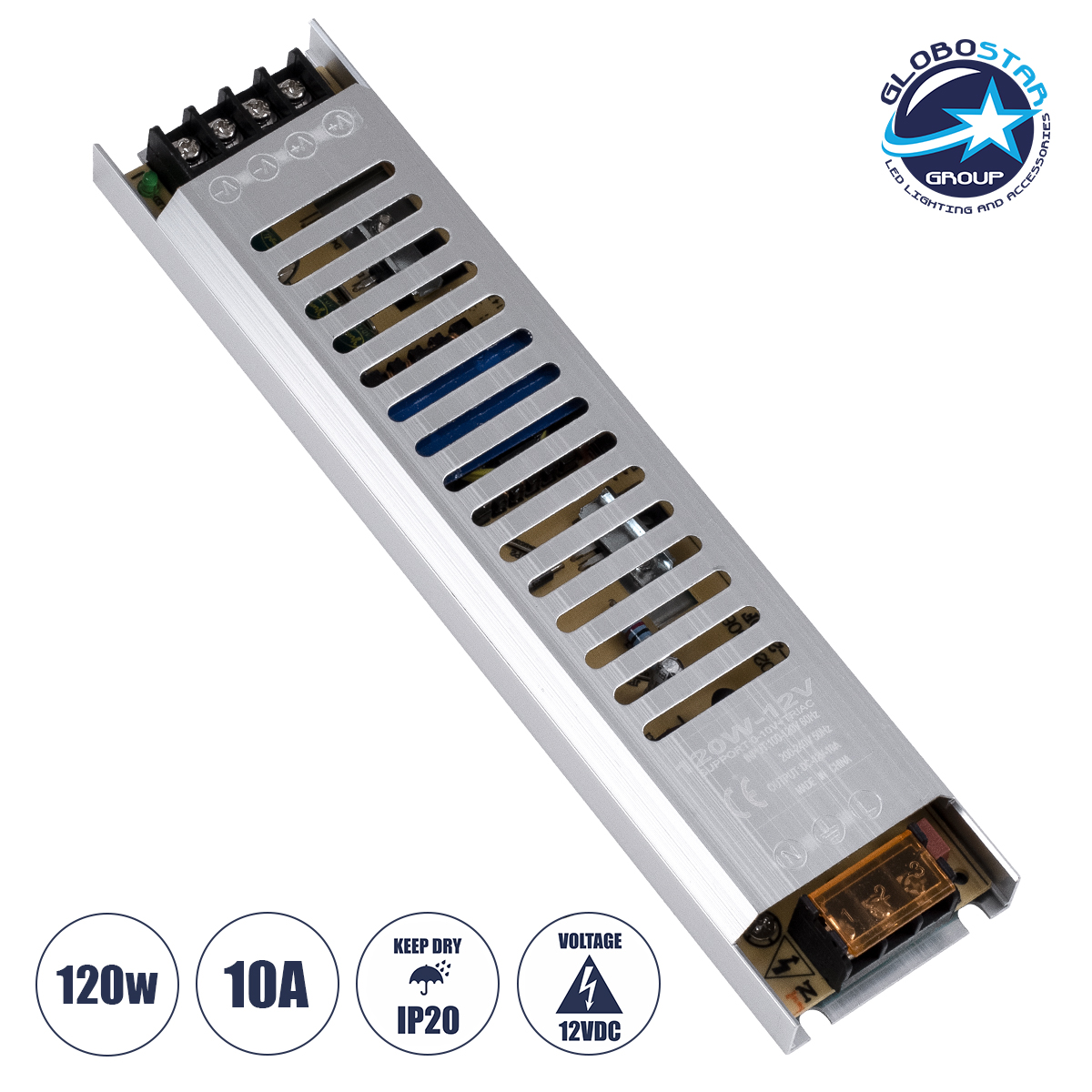 LOC LED Of Cyprus - GloboStar® 73026 Μεταλλικό Τροφοδοτικό PELV Ultra Slim για Προϊόντα LED 120W 10A - AC 220-240V σε DC 12V - IP20 L22.5 x W5.4 x H2.1cm - 3 Χρόνια Εγγύηση