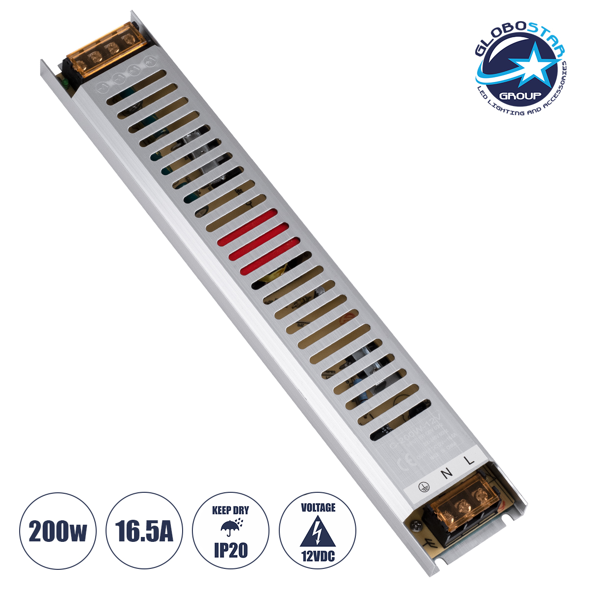 LOC LED Of Cyprus - GloboStar® 73028 Μεταλλικό Τροφοδοτικό PELV Ultra Slim για Προϊόντα LED 200W 16.5A - AC 220-240V σε DC 12V - IP20 L31 x W5.4 x H2.3cm - 3 Χρόνια Εγγύηση