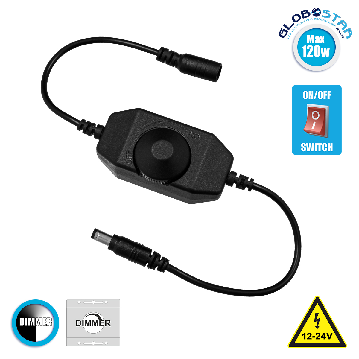 LOC LED Of Cyprus - GLOBOSTAR® DIMMERANO 73306 Διακόπτης On/Off & Dimming με 1 x 5A 120W Κανάλι DC 12-24V 5A 120W Max IP20 - Μαύρο - Μ25 x Π3.2 x Υ3.3cm - 2 Χρόνια Εγγύηση