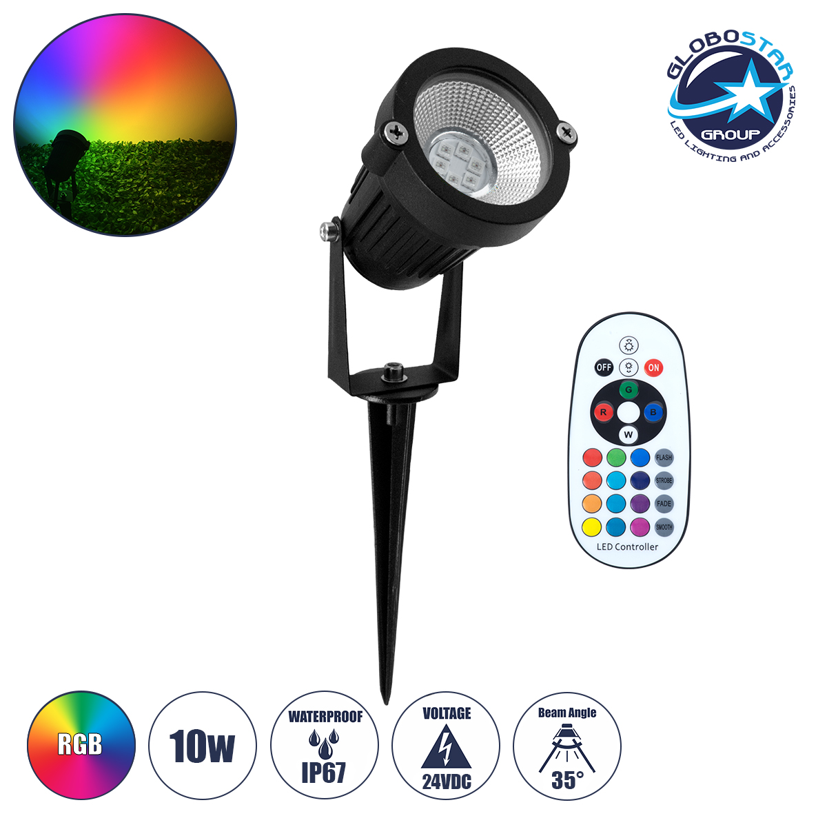 LOC LED Of Cyprus - GLOBOSTAR® TREECOBO 75588 Φωτιστικό Σποτ για Φυτά - Δέντρα με Βάση Κήπου / Καρφωτό με IR Ασύρματο Χειριστήριο LED 10W 800lm 35° DC 24V Αδιάβροχο IP67 Πολύχρωμο RGB Dimmable - Epistar SMD Chip - Μαύρο - Μ6 x Π6 x Υ12.5cm - 2 Χρόνια Εγγύηση