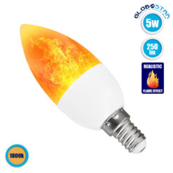 LOC LED Of Cyprus - GLOBOSTAR® CANDLE 76074 Λάμπα Κεράκι E14 C37 LED 5W 250lm 260° AC 220-240V IP20 Πορτοκαλί 2200K με Εφέ Φλόγας - Λευκό Γαλακτερό - Μ3.7 x Π3.7 x Υ10.4cm - 2 Χρόνια Εγγύηση