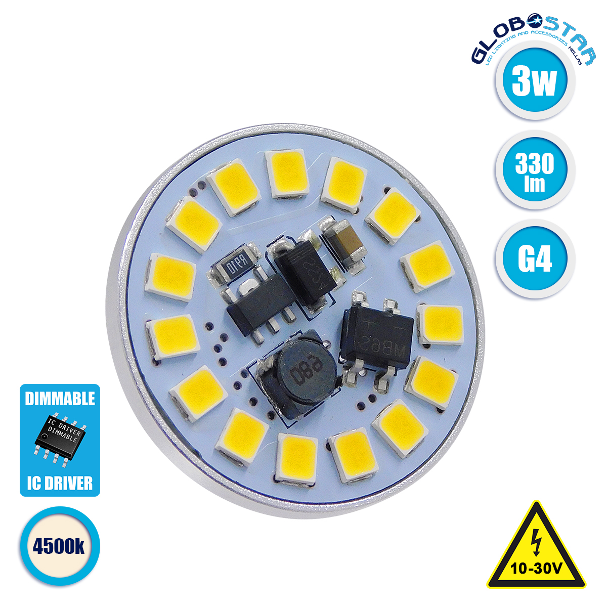 LOC LED Of Cyprus - GLOBOSTAR® G4BACK 76108 Λάμπα G4 LED 3W 315lm 120° DC 12-24V IP20 Φυσικό Λευκό 4500K Dimmable - Sanan SMD Chip - Back Pin - Μ2.9 x Π2.9 x Υ0.8cm - 2 Χρόνια Εγγύηση
