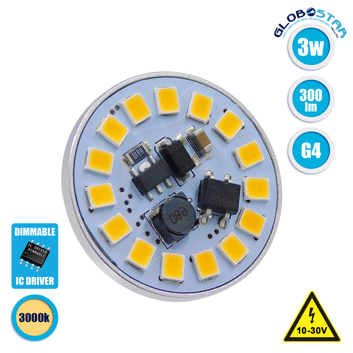 LOC LED Of Cyprus - GLOBOSTAR® G4BACK 76109 Λάμπα G4 LED 3W 300lm 120° DC 12-24V IP20 Θερμό Λευκό 2700K Dimmable - Sanan SMD Chip - Back Pin - Μ2.9 x Π2.9 x Υ0.8cm - 2 Χρόνια Εγγύηση