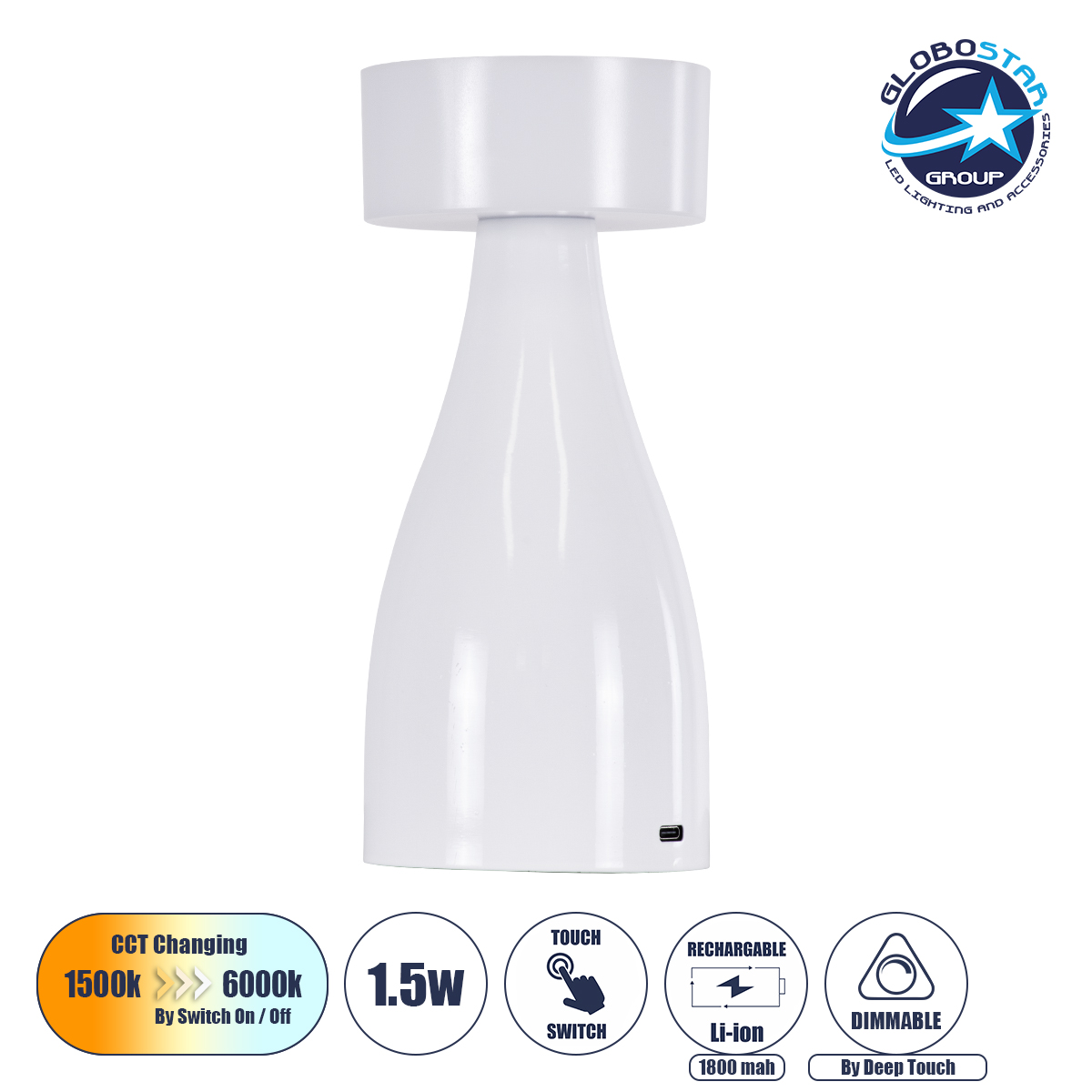 LOC LED Of Cyprus - GloboStar® DOLLY 76466 Επιτραπέζιο Φωτιστικό Πορτατίφ LED 1.5W 105lm 120° DC 5V IP44 CCT Θερμό Λευκό 2700K - Φυσικό Λευκό 4500K - Ψυχρό Λευκό 6000K Dimmable Λευκό Πλαστικό - Μ9 x Π9 x Υ21cm - 2 Xρόνια Εγγύηση