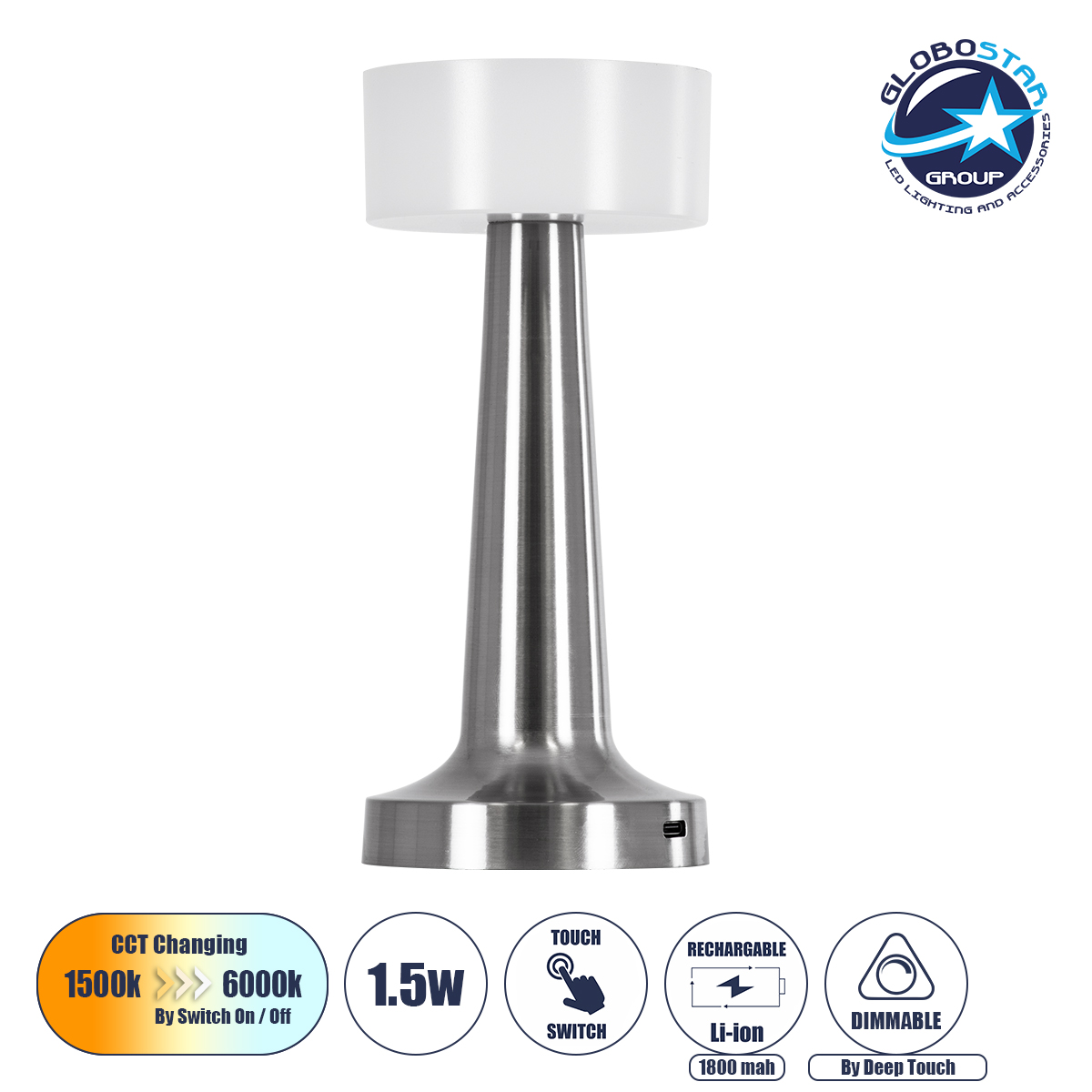 LOC LED Of Cyprus - GloboStar® NANNA 76473 Επαναφορτιζόμενο Επιτραπέζιο Φωτιστικό Πορτατίφ LED 1.5W 105lm 120° DC 5V IP44 CCT Ultra Θερμό 1500K - Φυσικό Λευκό 4500K - Ψυχρό Λευκό 6000K Dimmable Ασημί & Λευκό Πλαστικό - Μ9 x Π9 x Υ21cm - 2 Χρόνια Εγγύηση