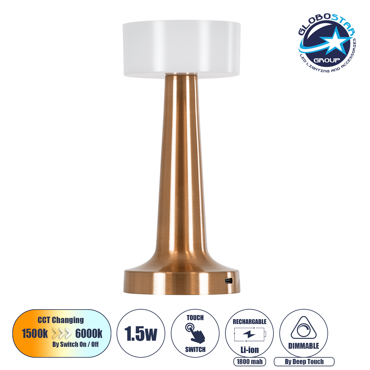 LOC LED Of Cyprus - GloboStar® NANNA 76474 Επαναφορτιζόμενο Επιτραπέζιο Φωτιστικό Πορτατίφ LED 1.5W 105lm 120° DC 5V IP44 CCT Ultra Θερμό 1500K - Φυσικό Λευκό 4500K - Ψυχρό Λευκό 6000K Dimmable Χάλκινο & Λευκό Πλαστικό - Μ9 x Π9 x Υ21cm - 2 Χρόνια Εγγύηση