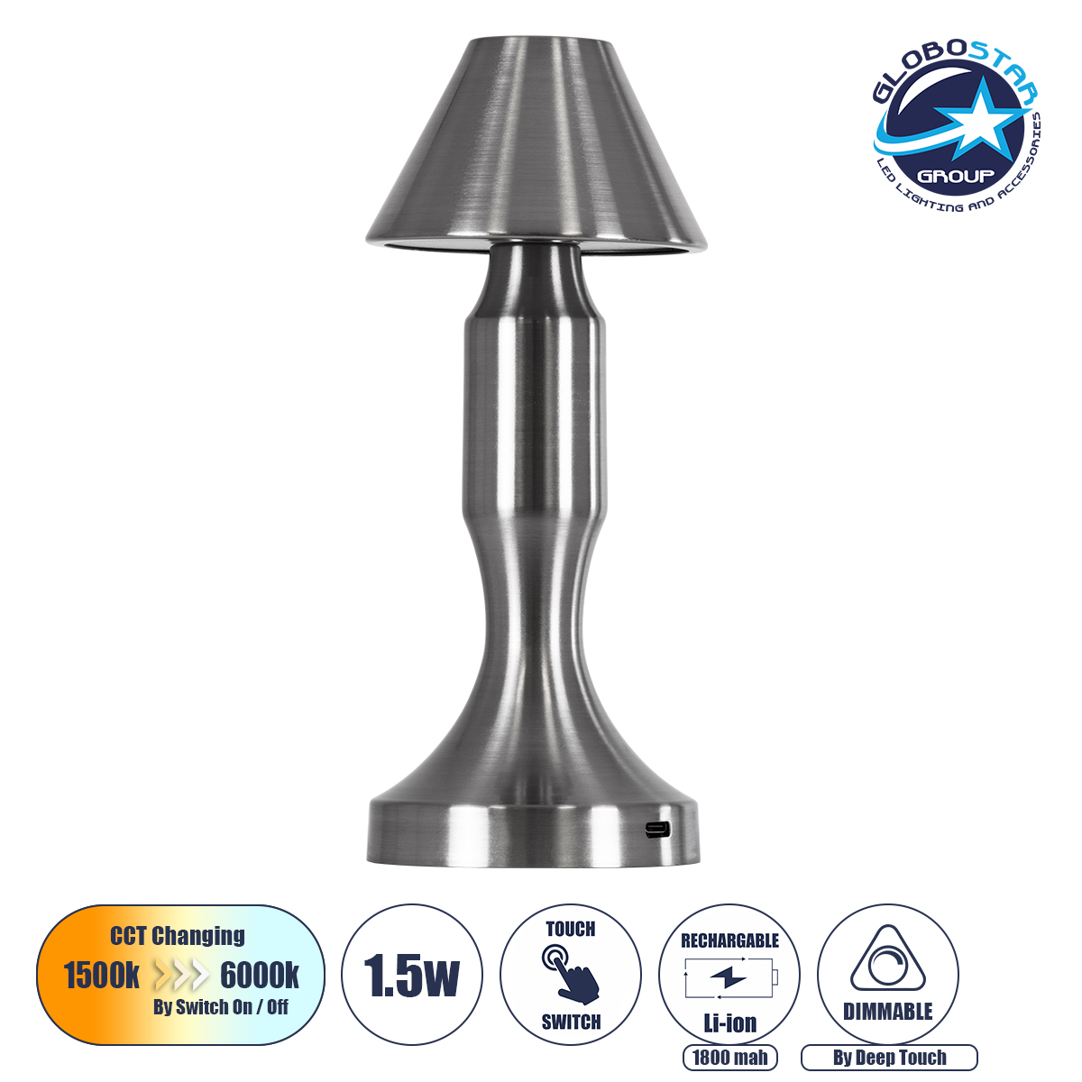 LOC LED Of Cyprus - GloboStar® LUNNA 76478 Επαναφορτιζόμενο Επιτραπέζιο Φωτιστικό Πορτατίφ LED 1.5W 105lm 120° DC 5V IP44 CCT Ultra Θερμό 1500K - Φυσικό Λευκό 4500K - Ψυχρό Λευκό 6000K Dimmable Ασημί Πλαστικό - Μ9 x Π9 x Υ23cm - 2 Χρόνια Εγγύηση