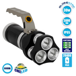 LOC LED Of Cyprus - GLOBOSTAR® HANDLAMP 79025 Φακός Χειρός LED 30W 3000lm 45° DC 5V με Επαναφορτιζόμενη Μπαταρία Li-ion 3.7V 3x18650 15000mAh IP20 Ψυχρό Λευκό 6000K - CREE XHP50 Chip - Μ16.3 x Π6.4 x Υ8.5cm - 1 Χρόνο Εγγύηση