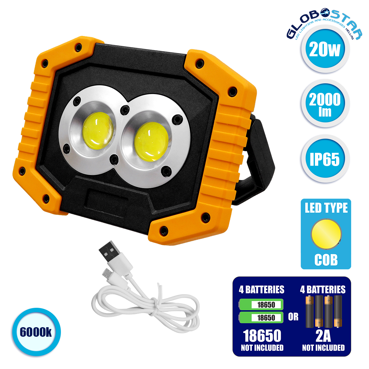 LOC LED Of Cyprus - GLOBOSTAR® HELPLAMP 79037 Προβολέας Φακός Camping LED 20W 2000lm 120° DC 5V με Επαναφορτιζόμενη Μπαταρία Li-ion 3.6V 2x18650 4600mAh IP20 Ψυχρό Λευκό 6000K - Sanan COB Chip - Μαύρο & Κίτρινο - Μ11.5 x Π10 x Υ23cm - 1 Χρόνο Εγγύηση