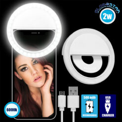 LOC LED Of Cyprus - GloboStar® 79042 Selfie Ring Light LED SMD 2W 200 lm Λευκό Σώμα με Ενσωματωμένη Επαναφορτιζόμενη Μπαταρία 500mAh & Καλώδιο Φόρτισης Micro USB Ψυχρό Λευκό 6000 K για Κινητό Τηλέφωνο και Tablet Φ8.5 x Υ2.5cm