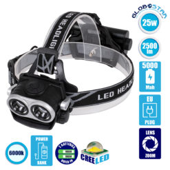 LOC LED Of Cyprus - GloboStar® 79063 Φακός Κεφαλής Επαναφορτιζόμενος και Powerbank Mode 2 x LED CREE COB XML2-T6 Chip 25 Watt 2500lm με 2 x 18650 Μπαταρίες 5000mAh και με Φορτιστή Πρίζας Αδιάβροχος IP65 Ψυχρό Λευκό 6000K