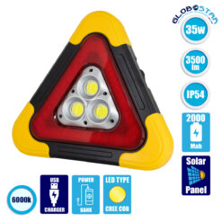 LOC LED Of Cyprus - GLOBOSTAR® HELPLAMP 79081 Προβολέας Φακός Τρίγωνο Ασφαλείας LED 35W 3500lm 120° DC 5V με Φωτοβολταϊκό Panel 5V 0.3W & Επαναφορτιζόμενη Μπαταρία Li-ion 3.2V 2000mAh Αδιάβροχο IP54 Ψυχρό Λευκό 6000K - Sanan COB Chip - Κόκκινο & Κίτρινο - Μ27 x Π5 x Υ24cm - 2 Χρόνια Εγγύηση
