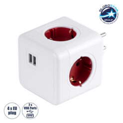 LOC LED Of Cyprus - GloboStar® TRAVEL PowerCube PRO Certified 79634 Πολύπριζο 6 Θέσεων με 4 Πρίζες Ασφαλείας Childproof EU Schuko AC 220-240V & 2 Πρίζες USB Max 2.1A/DC 5V Μ7.5 x Π11.5 x Υ7.5 - Λευκό με Κόκκινο - Max Load 3680W/16A