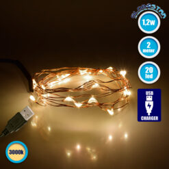 LOC LED Of Cyprus - GloboStar® 79720 Διακοσμητική Γιρλάντα 2 Μέτρων 20 LED USB 5 Volt 1.2 Watt με Χάλκινο Συρμάτινο Καλώδιο Θερμό Λευκό 3000K