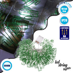 LOC LED Of Cyprus - 79802 Διακοσμητική Γιρλάντα Green Cactus 6 Μέτρα με Διακόπτη On/Off - 40 LED 4W με Μπαταρίες 3xAA & Διάφανο Καλώδιο IP20 Ψυχρό Λευκό 6000K Μ6m