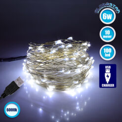 LOC LED Of Cyprus - 79732 Διακοσμητική Γιρλάντα 10 Μέτρων 100 LED USB 5 Volt 6 Watt με Ασημένιο Συρμάτινο Καλώδιο Ψυχρό Λευκό 6000K