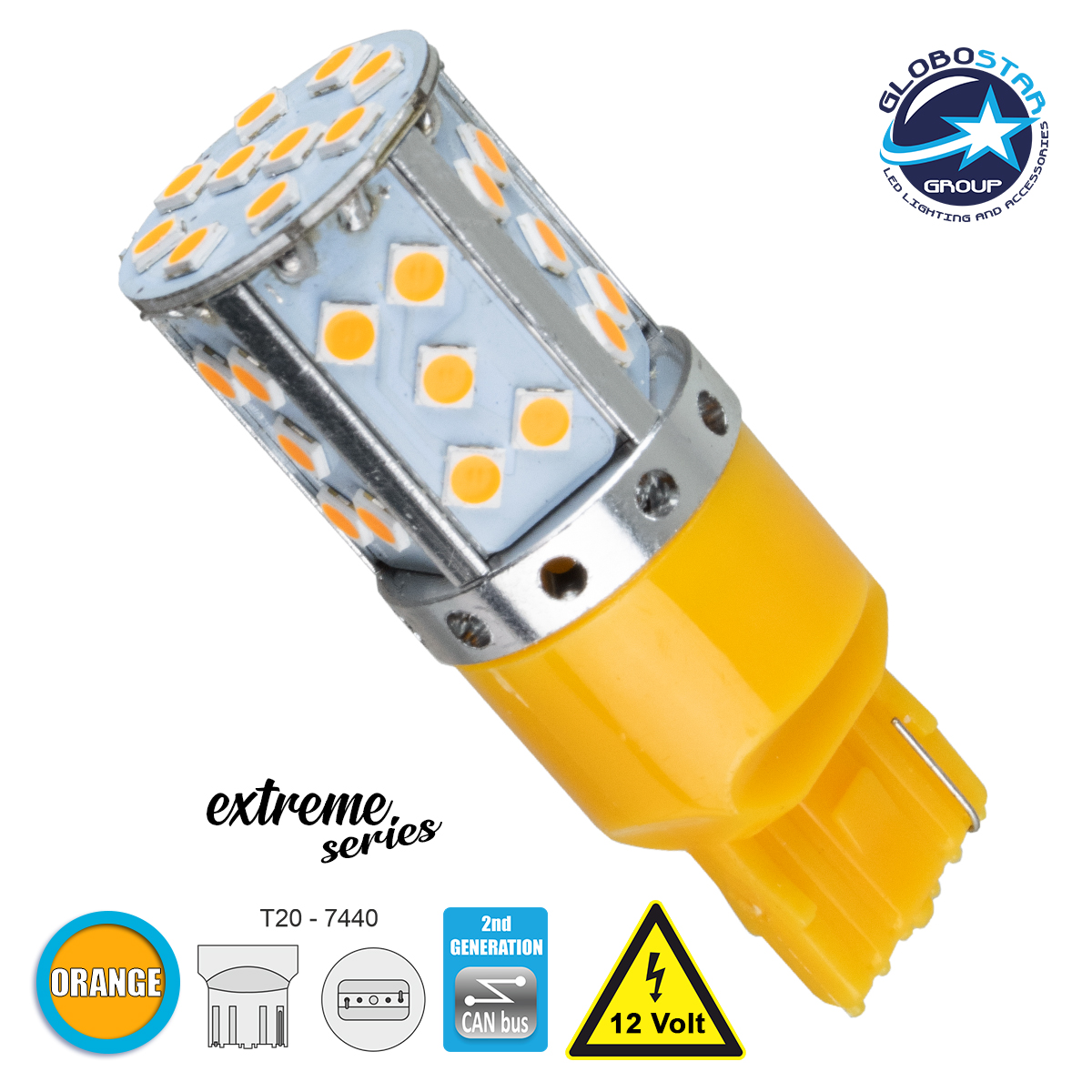 LOC LED Of Cyprus - GloboStar® 81154 Λάμπα Αυτοκίνητου T20 - 7440 - W21W 2nd Generation Can-Bus Extreme Series LED 35 SMD 3030 17W 2040lm 360° DC 12V IP20 Πορτοκαλί