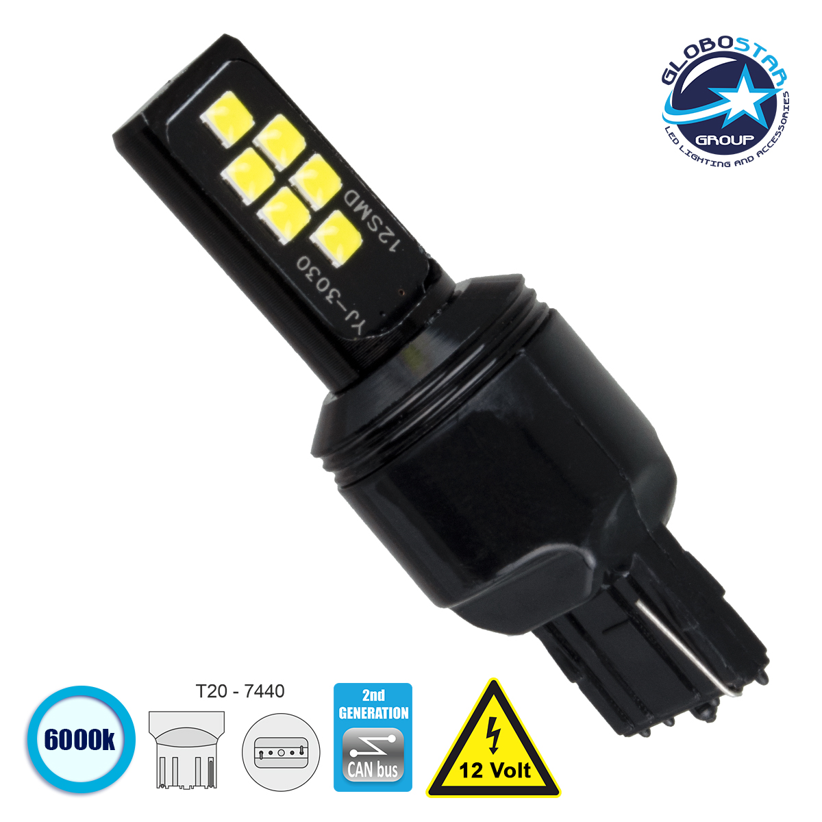 LOC LED Of Cyprus - GloboStar® 81157 Λάμπα Αυτοκίνητου T20 - 7440 - W21W 2nd Generation Can-Bus Series LED 12 SMD 3030 8W 1200lm 360° DC 12V IP20 Ψυχρό Λευκό 6000K