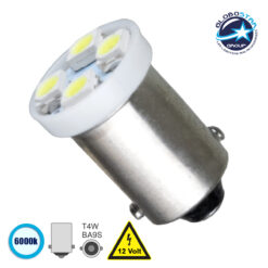 LOC LED Of Cyprus - GLOBOSTAR® BA9S-T4W 81283 Λάμπα Ba9S T4W LED 0.15W 32lm 120° DC 12V IP20 Ψυχρό Λευκό 6000K - 4 x Epistar SMD1210 Chip - Μ1.1 x Π1.1 x Υ1.6cm - 1 Χρόνο Εγγύηση