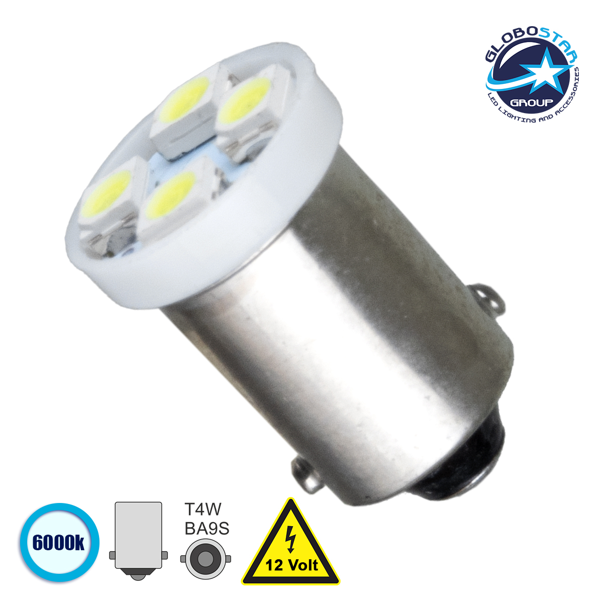 LOC LED Of Cyprus - GLOBOSTAR® BA9S-T4W 81283 Λάμπα Ba9S T4W LED 0.15W 32lm 120° DC 12V IP20 Ψυχρό Λευκό 6000K - 4 x Epistar SMD1210 Chip - Μ1.1 x Π1.1 x Υ1.6cm - 1 Χρόνο Εγγύηση