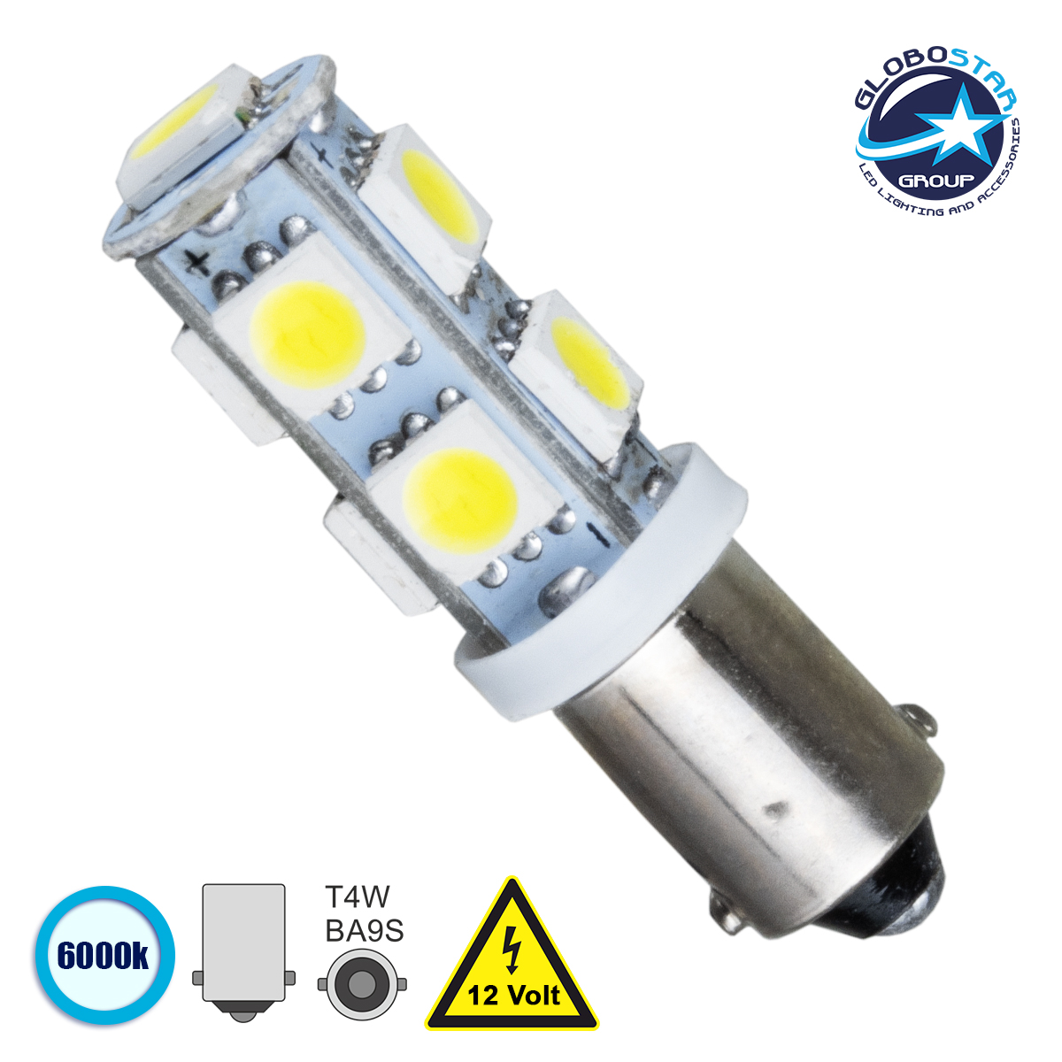 LOC LED Of Cyprus - GloboStar® T4W BA9S 81285 Λάμπα Αυτοκίνητου LED 9 SMD 5050 3W 450lm 360° DC 12V IP20 Ψυχρό Λευκό 6000K