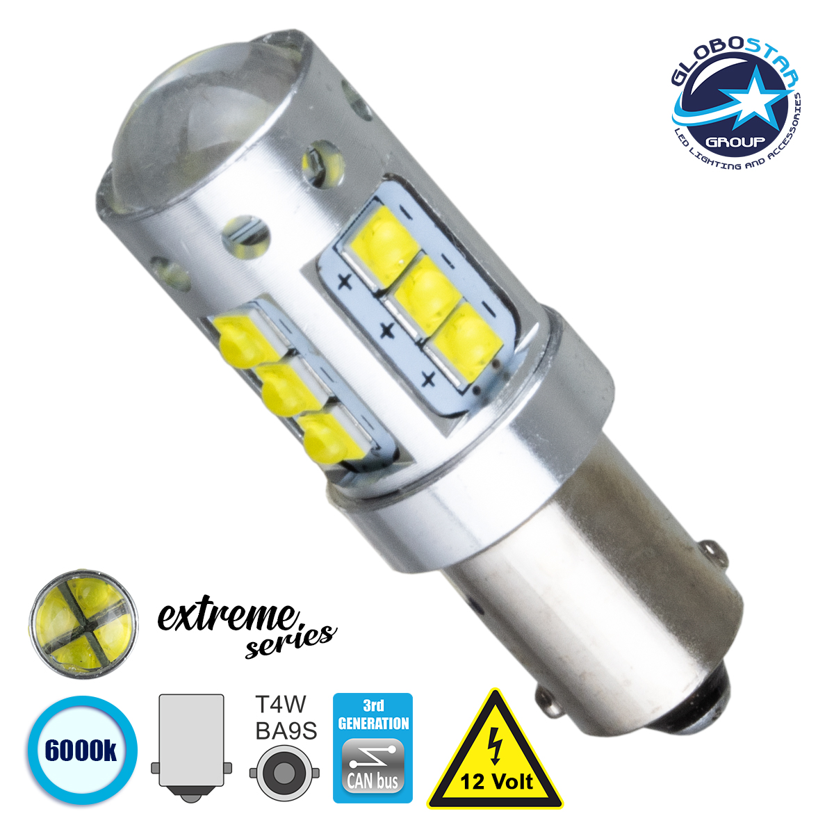 LOC LED Of Cyprus - GLOBOSTAR® BA9S-T4W 81295 Λάμπα Ba9S T4W CANbus LED 3.5W 760lm 360° DC 12V IP20 Ψυχρό Λευκό 6000K - 16 x CREE XBD Chip - Μ1.1 x Π1.1 x Υ4cm - 1 Χρόνο Εγγύηση