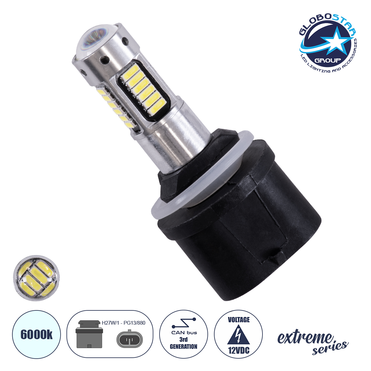 LOC LED Of Cyprus - GLOBOSTAR® H27W/1 81455 Λάμπα H27W/1 PG13/880 CANbus LED 2.8W 300lm 360° DC 12V IP20 Ψυχρό Λευκό 6000K - 30 x Epistar SMD4014 Chip - Μ2.6 x Π2.6 x Υ5.7cm - 1 Χρόνο Εγγύηση