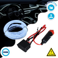 LOC LED Of Cyprus - GloboStar® 82200 TUBE 360° Degree Διακοσμητική EL-Wire Neon Αυτοκινήτου Κορδόνι ΣΕΤ 3m 1W/3m 30lm/m 360° DC 12V με Βύσμα Αναπτήρα Αυτοκινήτου Αδιάβροχη IP68 Ψυχρό Λευκό 6000K