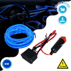 LOC LED Of Cyprus - GloboStar® 82205 TUBE 360° Degree Διακοσμητική EL-Wire Neon Αυτοκινήτου Κορδόνι ΣΕΤ 3m 1W/3m 30lm/m 360° DC 12V με Βύσμα Αναπτήρα Αυτοκινήτου Αδιάβροχη IP68 Μπλε