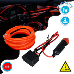 LOC LED Of Cyprus - GloboStar® 82206 TUBE 360° Degree Διακοσμητική EL-Wire Neon Αυτοκινήτου Κορδόνι ΣΕΤ 3m 1W/3m 30lm/m 360° DC 12V με Βύσμα Αναπτήρα Αυτοκινήτου Αδιάβροχη IP68 Κόκκινο