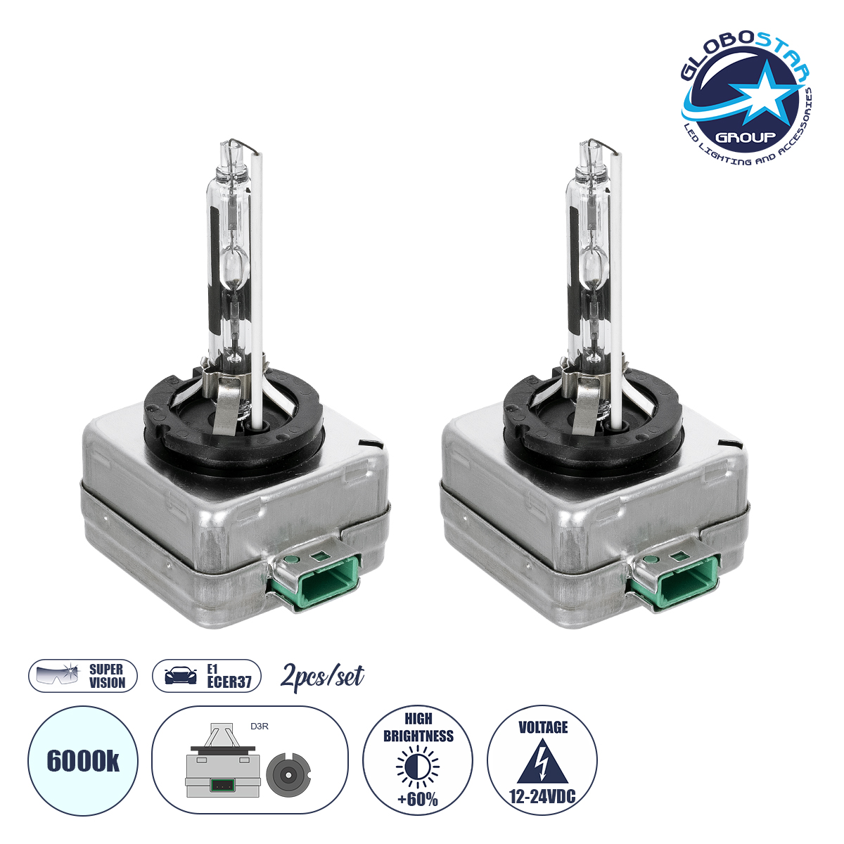 LOC LED Of Cyprus - GloboStar® D3R 84035 Λάμπες Αυτοκινήτου HID Xenon Super Vision High Brightness +60% E1 ECER37 360° DC 12-24V IP20  Μ4 x  Π5 x Υ8cm 6000K- Σετ 2 Τεμαχίων