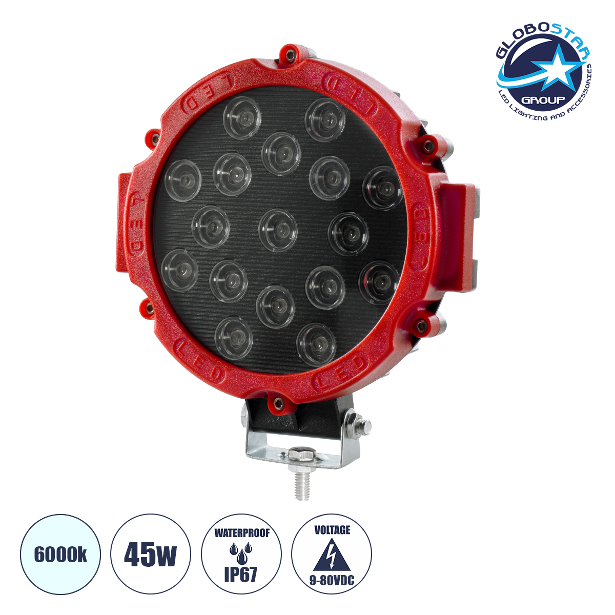 LOC LED Of Cyprus - GloboStar® 85422 Vehicle & Forklift Work Lights - Φώτα Εργασίας για Οχήματα Περονοφόρα - Κλάρκ LED 45W DC 9-80V Αδιάβροχο IP67 Μαύρο Κόκκινο Μ20 x Π18 x Υ5cm