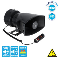 LOC LED Of Cyprus - GloboStar® 85698 Τηλεβόας - Ντουντούκα - Σειρήνα - Κόρνα Αυτοκινήτου με 5 Προγράμματα Ήχητικών Εφέ Αστυνομίας - Πυροσβεστικής - Security με Μικρόφωνο - 100W 300db DC 12V Αδιάβροχο IP65