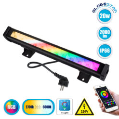 LOC LED Of Cyprus - GloboStar® 85816 Μπάρα Εξωτερική LED SMD 5050 & 2835 20W 2000lm 180° AC 230V με Ασύρματο Wireless Bluetooth Αδιάβροχη IP66 Πολύχρωμη RGB+CCT Θερμό Λευκό 3000K - Λευκό Ημέρας 4500K - Ψυχρό Λευκό 6000K