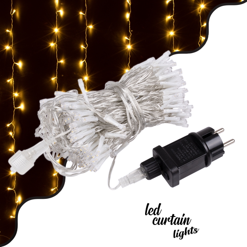 LOC LED Of Cyprus - 85826 Διακοσμητική Κουρτίνα 3 x 3 Μέτρα με Controller 8 Προγραμμάτων Εναλλαγών Φωτισμού - Επεκτεινόμενη 300 LED 3.6W AC 230V με Διάφανο Καλώδιο & Πρίζα Schuko Αδιάβροχη IP44 Θερμό Λευκό 2700K Μ3 x Υ3m