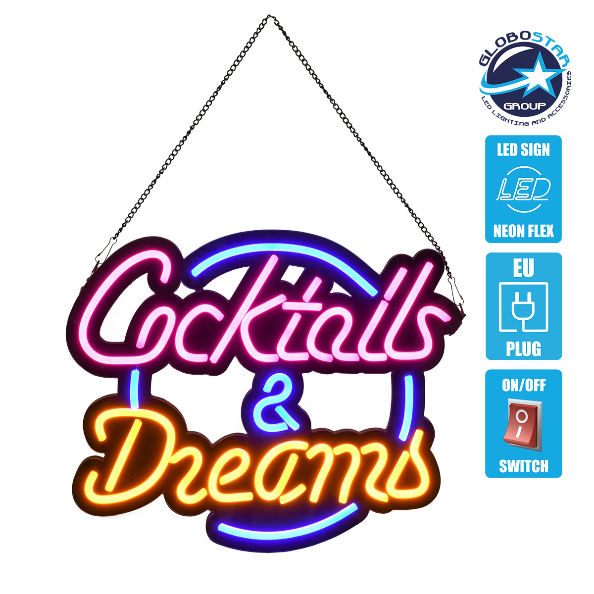 LOC LED Of Cyprus - GloboStar® 85850 Φωτιστικό Ταμπέλα Φωτεινή Επιγραφή NEON LED Σήμανσης COCKTAILS & DREAMS 30W AC 230V με Διακόπτη On/Off Ροζ - Γαλάζιο - Κίτρινο