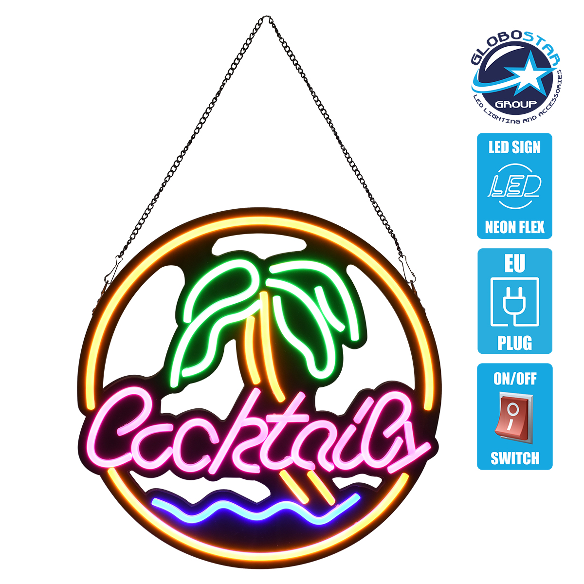 LOC LED Of Cyprus - GloboStar® 85851 Φωτιστικό Ταμπέλα Φωτεινή Επιγραφή NEON LED Σήμανσης COCKTAILS 30W AC 230V με Διακόπτη On/Off Ροζ - Γαλάζιο - Κίτρινο - Πράσινο