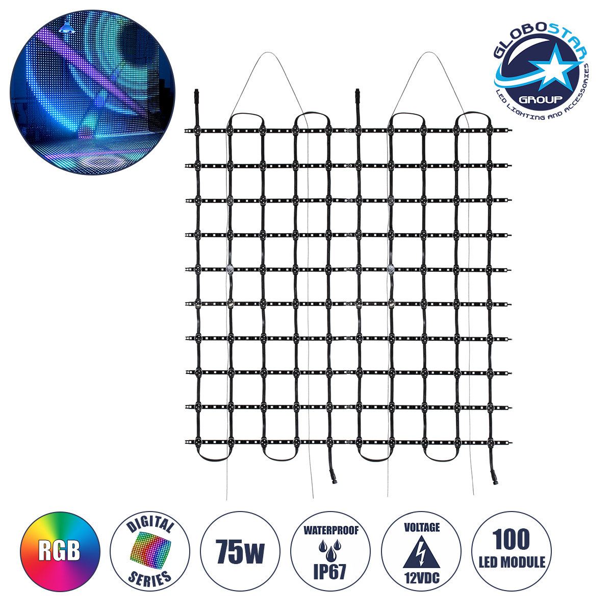 LOC LED Of Cyprus - GloboStar® 90141 Digital Pixel Addressable Facade Soft Net Panel - Ψηφιακό Εύκαμπτο Δίχτυ Πάνελ Πρόσοψης Κτιρίων LED SMD 3535 75W/m2 100LED/m2 100PIXEL/m2 SPI/TTL Protocol IC UCS512B 4500lm/m2 120° DC 12V IP67 RGB - Μαύρο Σώμα - Μ100 x Π100 x Υ1.7cm