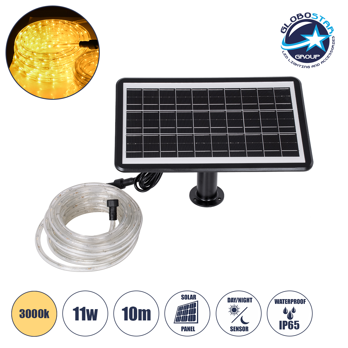 LOC LED Of Cyprus - GloboStar® 90256 Αυτόνομο Ηλιακό Σετ Φωτοσωλήνα 10m LED 11W 770lm με Ενσωματωμένη Μπαταρία 10000mAh - Φωτοβολταϊκό Πάνελ & Αισθητήρα Ημέρας-Νύχτας Αδιάβροχο IP65 - Θερμό Λευκό 3000K