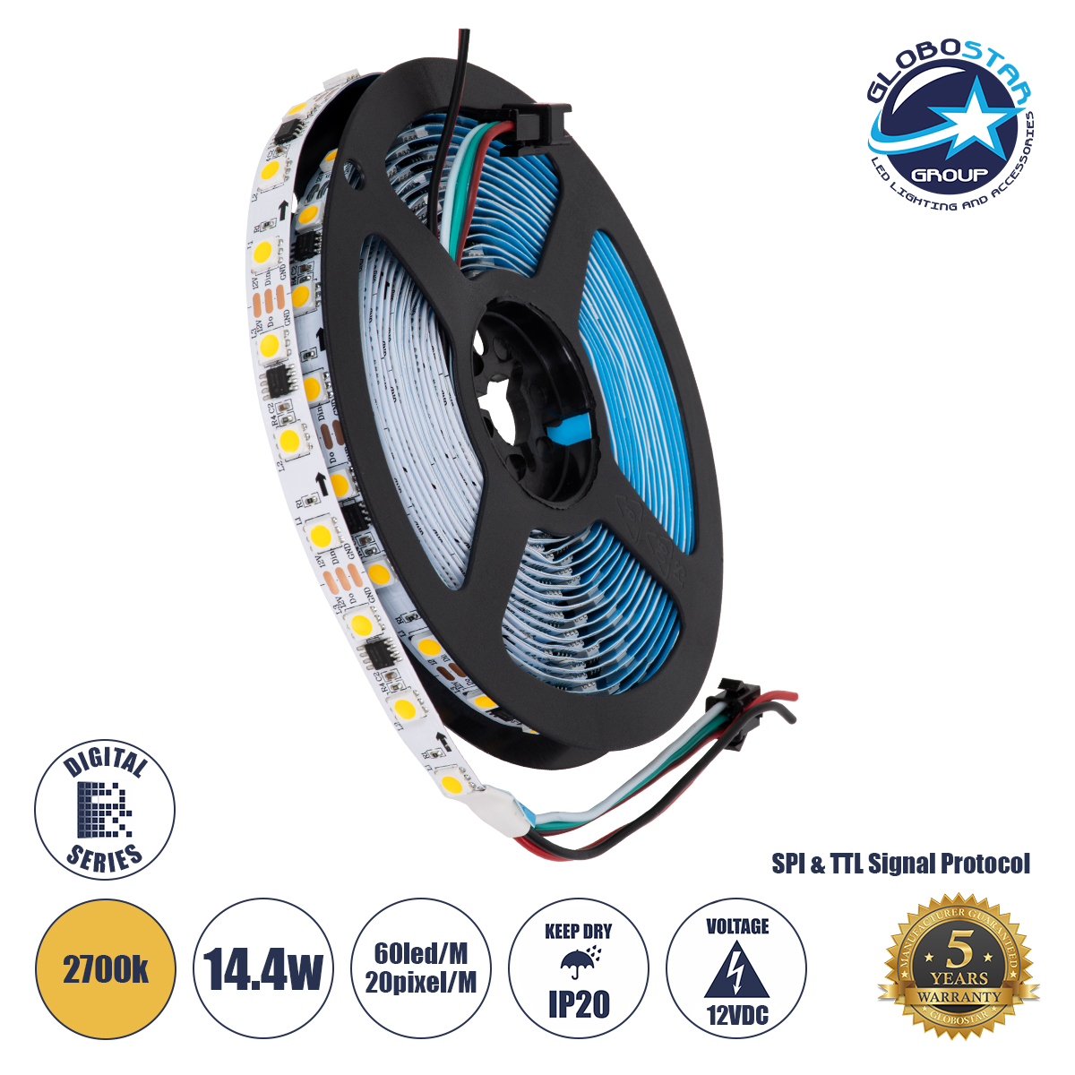 LOC LED Of Cyprus - GLOBOSTAR® DIGIPRO 90588 Ψηφιακή Pixel Addressable Ταινία LED 14.4W/m 1296lm/m 120° DC 12V IP20 60 x SMD5050 Chip/m 20 x Pixel/m Θερμό Λευκό 2700K Dimmable SPI/TTL Protocol IC WS2811/UCS16703 - Sanan SMD Chip - Μ500 x Π1 x Υ0.2cm - Ρολό 5 Μέτρων - 5 Χρόνια Εγγύηση