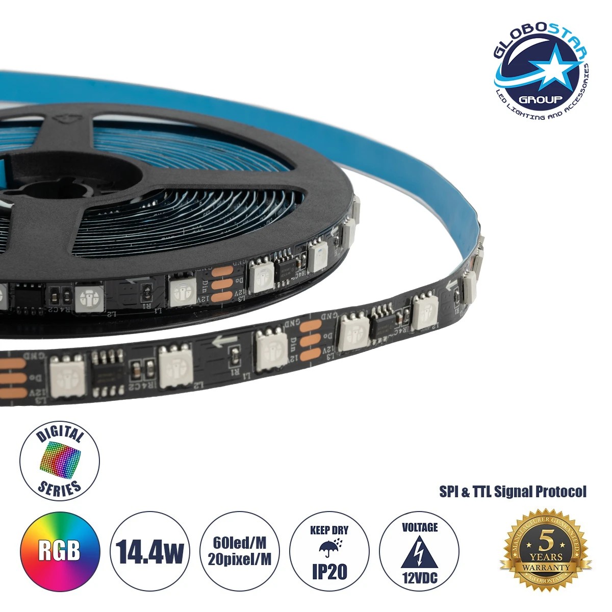 LOC LED Of Cyprus - GLOBOSTAR® DIGIPRO 90589 Ψηφιακή Pixel Addressable Ταινία LED 14.4W/m 864lm/m 120° DC 12V IP20 60 x SMD5050 Chip/m 20 x Pixel/m Πολύχρωμο RGB Dimmable SPI/TTL Protocol IC WS2811/UCS16703 - Sanan SMD Chip - Μ500 x Π1 x Υ0.2cm - Ρολό 5 Μέτρων - 5 Χρόνια Εγγύηση