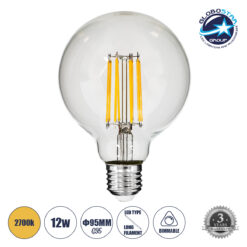 LOC LED Of Cyprus - GLOBOSTAR® BUBBLE 99011 Λάμπα E27 G95 LED 12W 1200lm 360° AC 220-240V IP20 Θερμό Λευκό 2700K Dimmable - Long Filament Chip - Διάφανο - Μ9.5 x Π9.5 x Υ13.7cm - 3 Χρόνια Εγγύηση