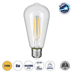 LOC LED Of Cyprus - GLOBOSTAR® PEAR 99016 Λάμπα E27 ST64 LED 8W 800lm 360° AC 220-240V IP20 Θερμό Λευκό 2700K Dimmable - Long Filament Chip - Διάφανο - Μ6.4 x Π6.4 x Υ14cm - 3 Χρόνια Εγγύηση