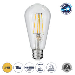 LOC LED Of Cyprus - GLOBOSTAR® PEAR 99017 Λάμπα E27 ST64 LED 10W 1000lm 360° AC 220-240V IP20 Θερμό Λευκό 2700K Dimmable - Long Filament Chip - Διάφανο - Μ6.4 x Π6.4 x Υ14cm - 3 Χρόνια Εγγύηση