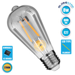 LOC LED Of Cyprus - GLOBOSTAR® PEAR 99076 Λάμπα E27 ST64 LED 8W 800lm 360° AC 220-240V IP20 Θερμό Λευκό 2700K Dimmable - Long Filament Chip - Μαύρο Φιμέ - Μ6.4 x Π6.4 x Υ14.5cm - 3 Χρόνια Εγγύηση