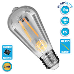 LOC LED Of Cyprus - GLOBOSTAR® PEAR 99077 Λάμπα E27 ST64 LED 10W 1000lm 360° AC 220-240V IP20 Θερμό Λευκό 2700K Dimmable - Long Filament Chip - Μαύρο Φιμέ - Μ6.4 x Π6.4 x Υ14.5cm - 3 Χρόνια Εγγύηση