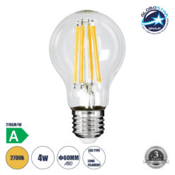 LOC LED Of Cyprus - GLOBOSTAR® GLOBE 99083 Λάμπα E27 A60 LED 4W 840lm 360° AC 220-240V IP20 Θερμό Λευκό 2700K - Long Filament Chip - Διάφανο - Μ6 x Π6 x Υ11cm - 3 Χρόνια Εγγύηση