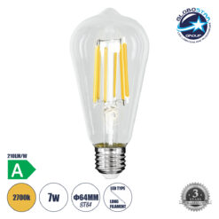LOC LED Of Cyprus - GLOBOSTAR® PEAR 99090 Λάμπα E27 ST64 LED 7W 1470lm 360° AC 220-240V IP20 Θερμό Λευκό 2700K - Long Filament Chip - Διάφανο - Μ6.4 x Π6.4 x Υ14.5cm - 3 Χρόνια Εγγύηση