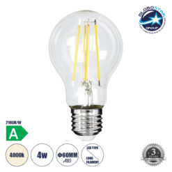 LOC LED Of Cyprus - GLOBOSTAR® GLOBE 99091 Λάμπα E27 A60 LED 4W 840lm 360° AC 220-240V IP20 Φυσικό Λευκό 4500K - Long Filament Chip - Διάφανο - Μ6 x Π6 x Υ11cm - 3 Χρόνια Εγγύηση