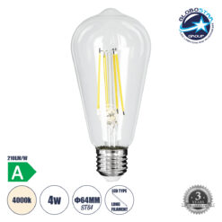 LOC LED Of Cyprus - GLOBOSTAR® PEAR 99094 Λάμπα E27 ST64 LED 4W 840lm 360° AC 220-240V IP20 Φυσικό Λευκό 4500K - Long Filament Chip - Διάφανο - Μ6.4 x Π6.4 x Υ14.5cm - 3 Χρόνια Εγγύηση